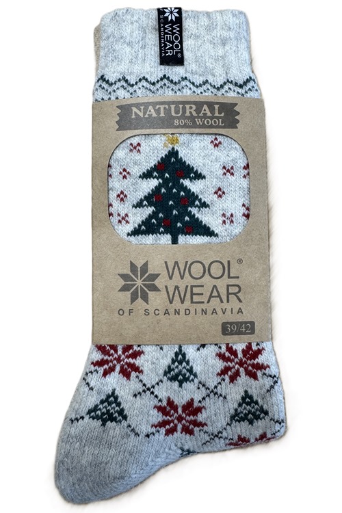 Julsockor Merry Christmas motiv från WOOLWEAR af 80% lammull