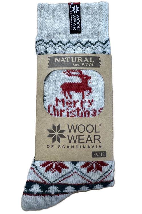 Julsockor Merry Christmas motiv från WOOLWEAR af 80% lammull